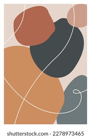 Modern abstract boho poster.  Earth tones organic shapes. Contemporary design for poster, banner,greeting card, flyer, social media post, story. Minimalist mid century style vector Illustration. 