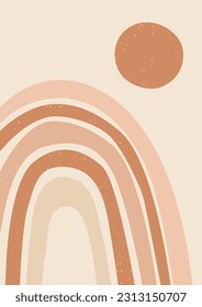 Modern abstract boho poster with rainbow.  Earth tones organic shapes. Contemporary design for poster, banner,greeting card, flyer. Minimalist mid century style vector Illustration. 