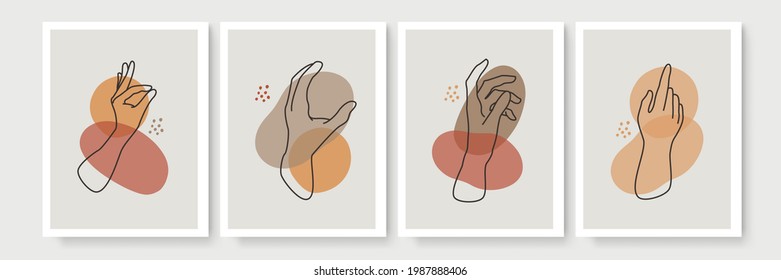 Moderno y abstracto gesto de mano al estilo boho. Conjunto de cuatro estéticos diseños estéticos de arte gesto moderno diseño de afiches bohemios contemporáneos. Conjunto de formas de boho orgánico