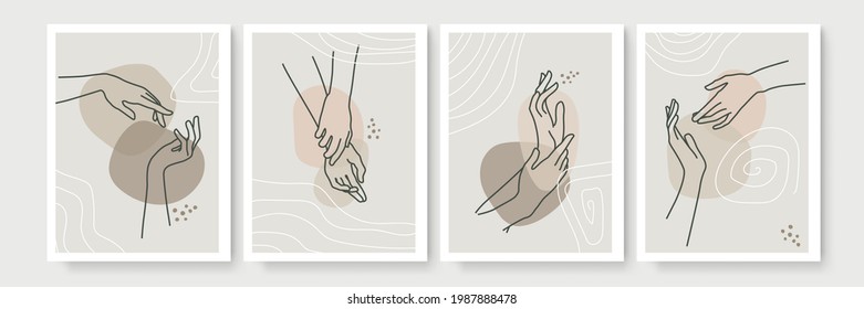 Moderne abstrakte Handgesten im Boho-Stil. Satz von vier ästhetischen handgezeichnet modernen Gesten Kunst zeitgenössischen Böhmischen Plakatdeckel Vorlage. Organischer Boho-Formsatz
