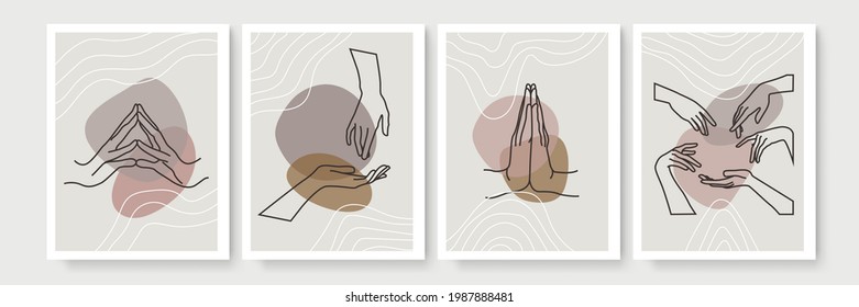 Modern abstract boho style hand gesture. Set of four aesthetic hand-drawn modern gesture art contemporary bohemian poster cover template. Organic boho shape set
