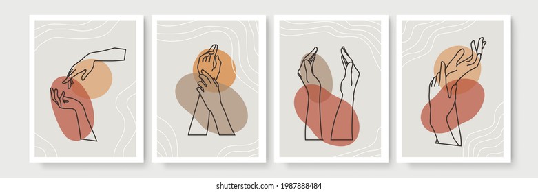 Modern abstract boho style hand gesture. Set of four aesthetic hand-drawn modern gesture art contemporary bohemian poster cover template. Organic boho shape set