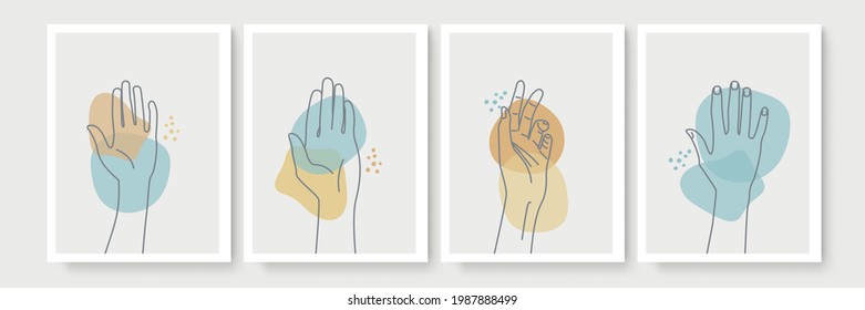 Modern abstract boho style hand gesture. Set of four aesthetic hand-drawn modern gesture art contemporary bohemian poster cover template. Organic boho shape set