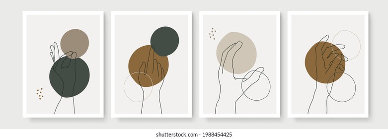 Modern abstract boho style hand gesture. Set of four aesthetic hand-drawn modern gesture art contemporary bohemian poster cover template. Organic boho shape set