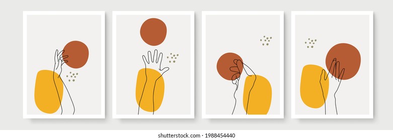 Modern abstract boho style hand gesture. Set of four aesthetic hand-drawn modern gesture art contemporary bohemian poster cover template. Organic boho shape set