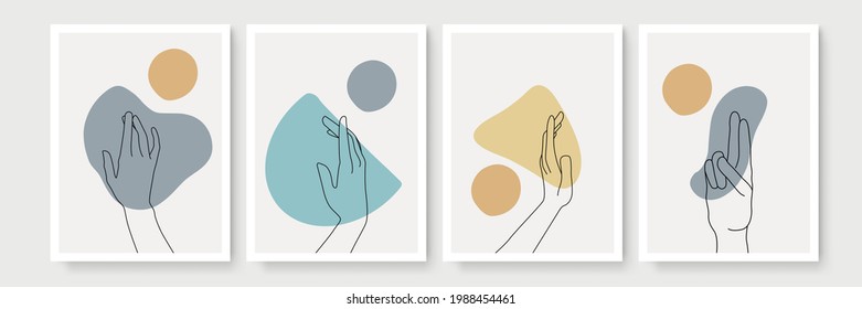 Modern abstract boho style hand gesture. Set of four aesthetic hand-drawn modern gesture art contemporary bohemian poster cover template. Organic boho shape set