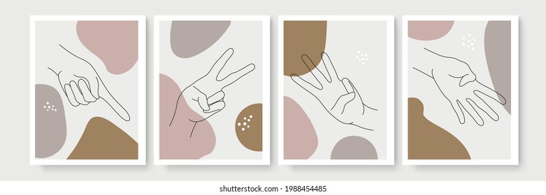 Modern abstract boho style hand gesture with earth tone color. Set of aesthetic hand-drawn modern gesture art contemporary bohemian poster cover template. Organic boho shape set