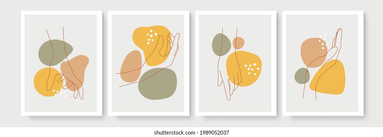 Modern abstract boho style hand gesture. Set of four aesthetic hand-drawn modern gesture art contemporary bohemian poster cover template. Organic boho shape set