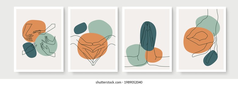 Modern abstract boho style hand gesture. Set of four aesthetic hand-drawn modern gesture art contemporary bohemian poster cover template. Organic boho shape set