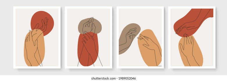 Modern abstract boho style hand gesture with earth tone color. Set of aesthetic hand-drawn modern gesture art contemporary bohemian poster cover template. Organic boho shape set