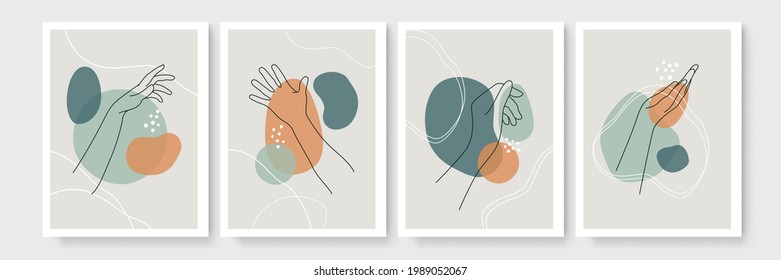 Modern abstract boho style hand gesture. Set of four aesthetic hand-drawn modern gesture art contemporary bohemian poster cover template. Organic boho shape set