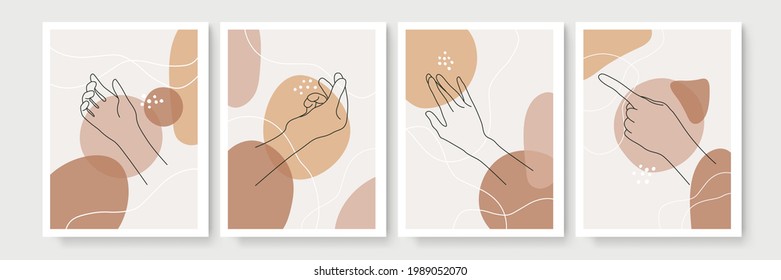 Modern abstract boho style hand gesture. Set of four aesthetic hand-drawn modern gesture art contemporary bohemian poster cover template. Organic boho shape set