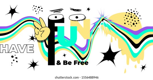 Modernes abstraktes, bunt gefärbtes Poster oder Banner mit lustigen Cartoon-Augen, Hand- und Grafikelementen. Perfekt für Werbematerial für Veranstaltungen wie Festivals, Partys, Konzerte.