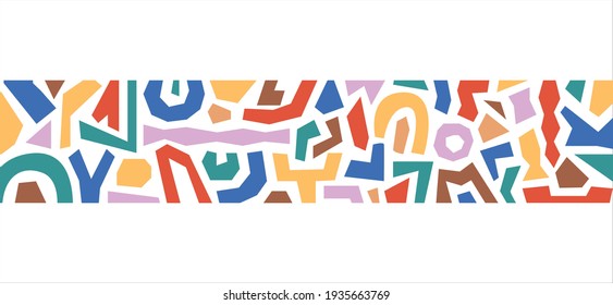 Modern abstract border with colorful various geometric shapes isolated on white background. Minimalistic hand drawn horizontal pattern . Vector design	