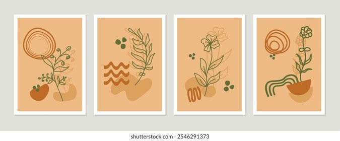 Conjunto de diseño de color de Vector de tierra de arte abstracto moderno. Dibujo de arte de línea de follaje con forma abstracta. Diseño de arte vegetal Abstractas para Fondo de pantalla de cubierta de impresión Arte de pared mínimo y natural.