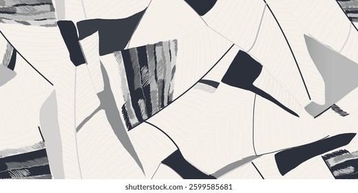Modern abstract botanical black and white print. Hand drawn leaves collage contemporary seamless pattern. 
