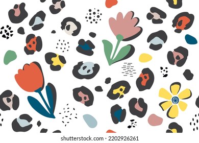 Patrón moderno abstracto botánico y leopardo sin fisuras. Diseño minimalista de flores, puntos y formas de diferentes tamaños en colores pastel y vivos