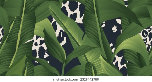 Modern abstract botanical print with leopard skin. Hand drawn unique collage contemporary seamless pattern. 