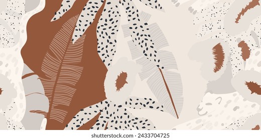 Modern abstract botanical print with leopards. Bohemian style contemporary seamless pattern. Hand drawn unique print.