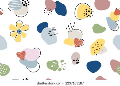 Modern abstract botanical seamless pattern. Minimal design of flowers and shapes in various sizes and pastel colors