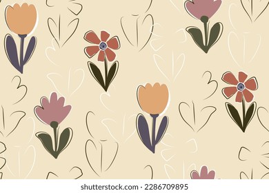 Patrón botánico abstracto moderno sin costuras. Diseño minimalista de flores y líneas en diferentes tamaños y colores pastel