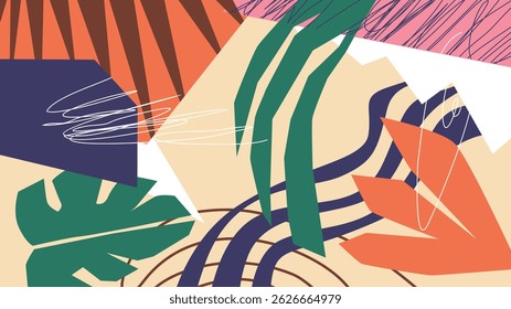 Modern abstract botanical seamless pattern for fabric and wallpaper. Colorful tropical floral summer background. Leaves shapes. Aesthetic Art Illustration vector