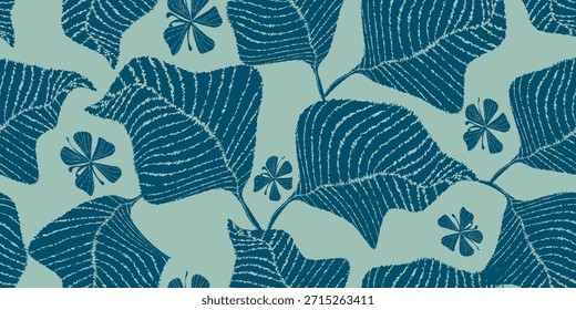 Modern abstract botanical seamless pattern. Boho chic hand-drawn exotic leaf and branch illustration. Contemporary jungle flora art background. Fashion fabric design with lace texture effect