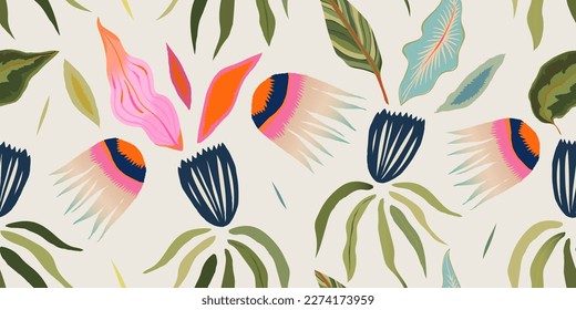 Modern abstract botanical shapes ethnic style pattern. Collage contemporary print. Fashionable template for design. 