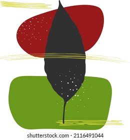 Modern abstract botanical vector illustration. Various bright green and red shapes and dark tree leaf. Yellow lines. Abstract foliage design. For wallpapers, prints, covers, wall art.