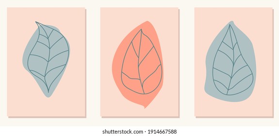 Conjunto de vector botánico abstracto moderno. Hojas de la línea de dibujo manual. Afiches de formas orgánicas para la decoración del hogar, la decoración de las paredes, el diseño de la portada postal o de los folletos.