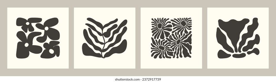 Modern Abstract Botanical Wall Art. Contemporary art prints with abstract flowers and leaves. Scandinavian style wallpaper, poster, card, brochure design. Vector illustration