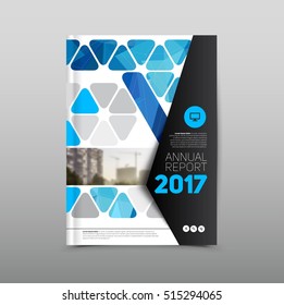 Modern abstract brochure, flyer design template, blue rounded triangles on background with blurred cityscape, vector style illustration
