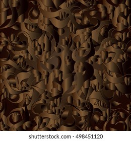 Modern abstract  brown monochrome vector seamless pattern background wallpaper illustration with hand drawn abstract paisley flowers and ornaments. 3d decor elements with shadow and highlights.