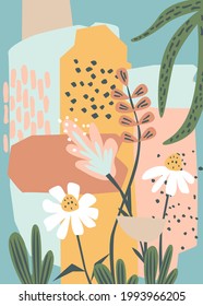 modern abstract brush stroke shapes meadow, flowers and leaves texture, foliage artistic art print design