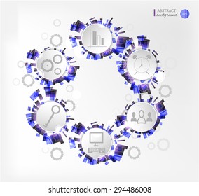 Modern, abstract, business, backdrop, background, poster with blue, violet, black shapes, labels with gray, simple icons - graph, alarm clock, cogwheel, people, computer, key, bright background 