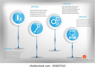Modern, abstract, business background, backdrop, poster with blue labels with white icons - graph, alarm clock, cogwheel, people, computer, gray background 