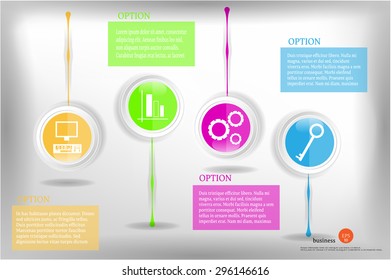 Modern, abstract, business background, backdrop, poster with yellow, green, violet, blue labels with white icons - computer, graph, cogwheel, key, gray background 