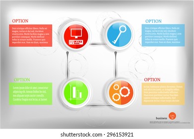 Modern, abstract, business background, backdrop, poster with red, blue, green, orange labels with white icons - graph, cogwheel, computer, key, bright background 