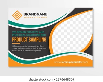 Modern Resumen de la plantilla de banner de negocios con titular son muestras de productos. ilustración vectorial editable. disposición horizontal con foto de espacio. combinación de verde, naranja y negro sobre fondo gris.