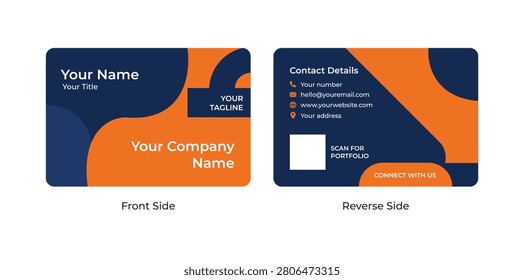 Modern abstract business card template with geometric shapes, corporate branding, front and back layout, QR code and minimalist identity design