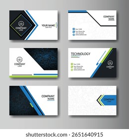 Modelos modernos de cartões de negócios abstratos com placa de circuito azul, verde e preto e projetos geométricos para empresas de tecnologia.