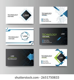 Modern abstract business card templates with blue, green, and black circuit board and geometric designs for technology professionals.
