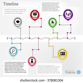 Modern, abstract, business infographic, background with time line, colorful buttons with simple, black icons, text