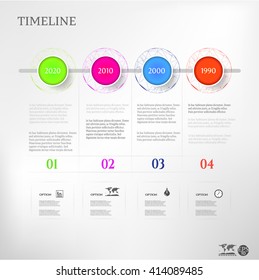 Modern, abstract, business infographic, background with time line, colorful buttons, simple, gray icons, text
