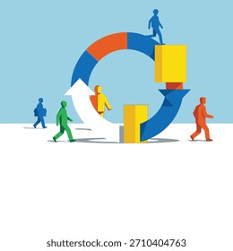 Ilustración vectorial abstracta moderna del ciclo del proceso empresarial con las personas coloridas y las flechas, aisladas en el fondo blanco.