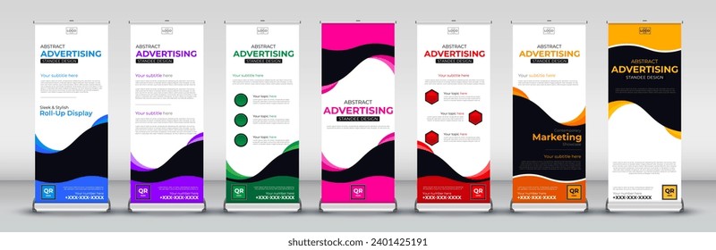 Modern abstract business roll up Banner Signboard Advertising standee Template set in red, green, blue, yellow, orange, purple, pink