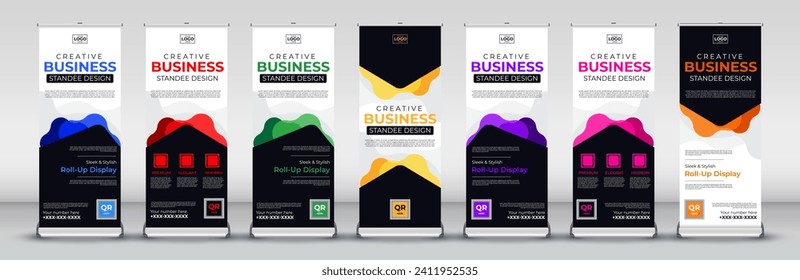 Modern abstract business roll up Banner Signboard Advertising standee print ready Template in red, green, blue, yellow, orange, purple, pink for for events, presentations, meetings