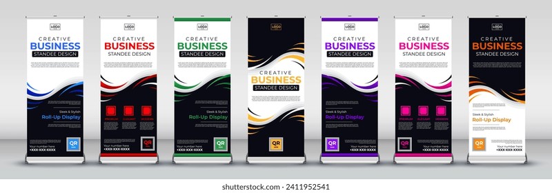 Modern abstract business roll up Banner Signboard Advertising standee print ready Template in red, green, blue, yellow, orange, purple, pink for for events, presentations, meetings