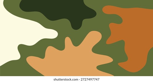 Um moderno padrão de camuflagem abstrata apresentando formas orgânicas e fluidas em uma paleta de tons terrosos, incluindo verde escuro, verde-oliva, creme e marrom quente, criando um visual atraente e versati.
