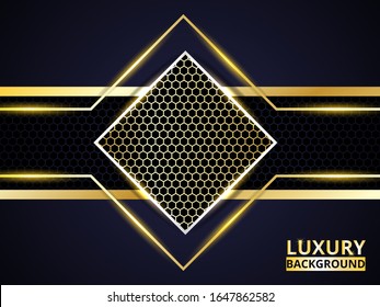 Modern abstract carbon fiber background with golden luminous shapes, stripes and highlights on a carbon grid. Luxury hexagonal golden background design. Modern futuristic luxury backdrop.
